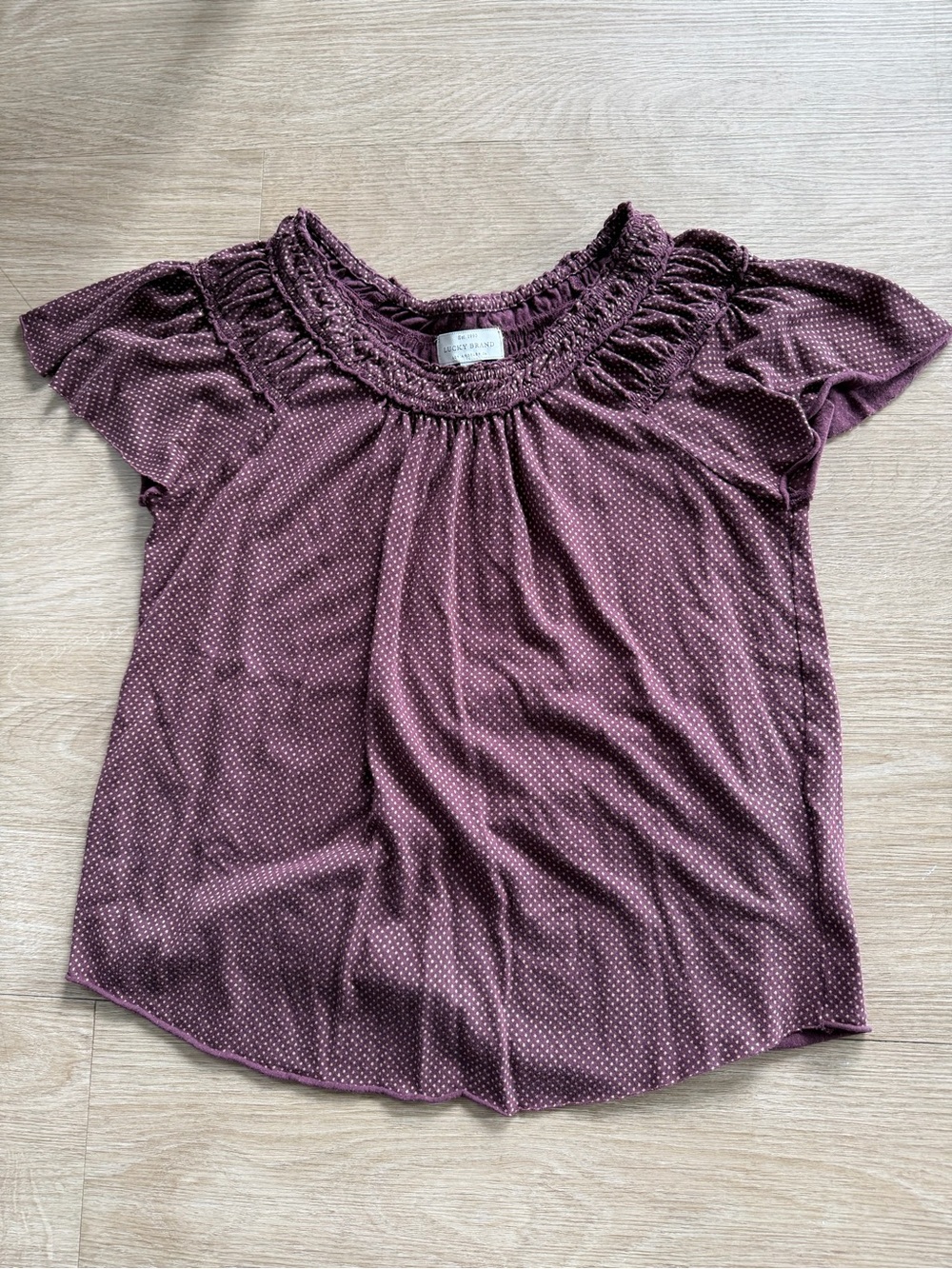 Lucky Brand plum polka dot flutter Sleeve Smocked Top